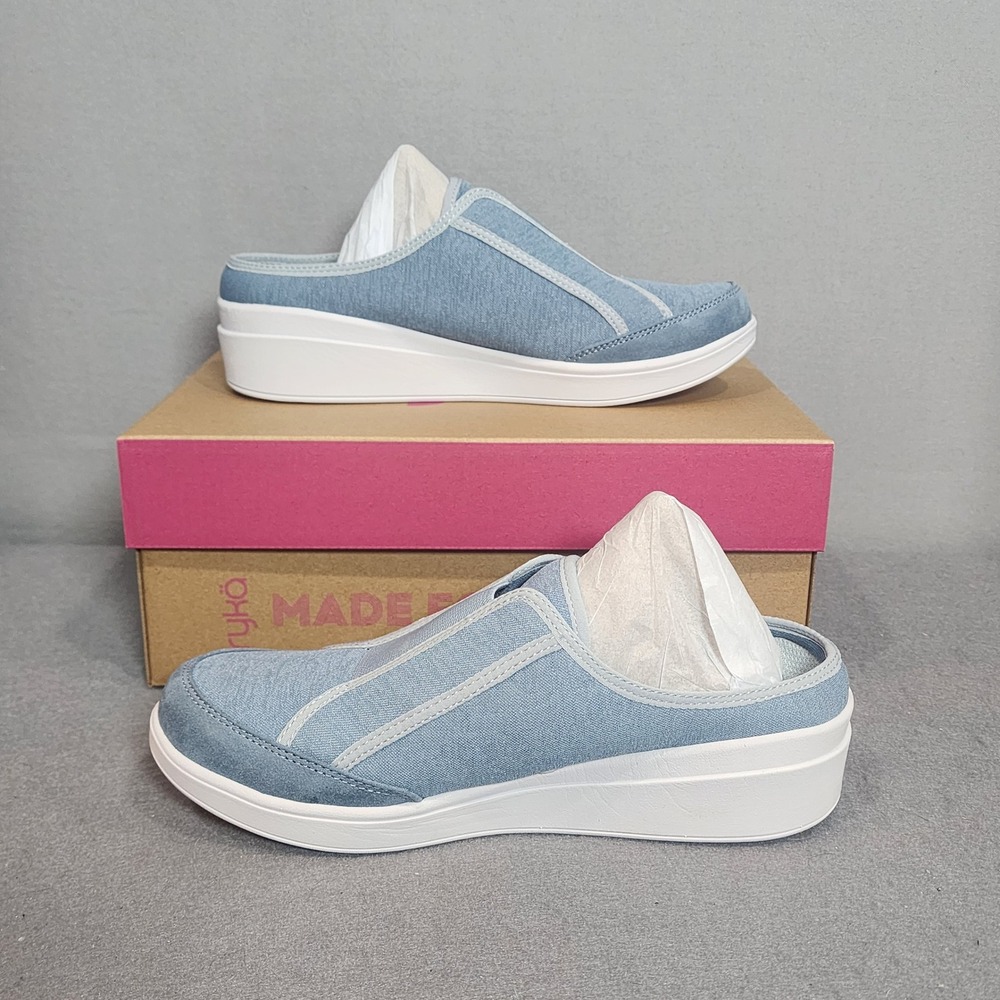Ryka Lounge Mules Citadel Blue Fabric Slip On Wide Width Women 7W J5749F1400 NEW